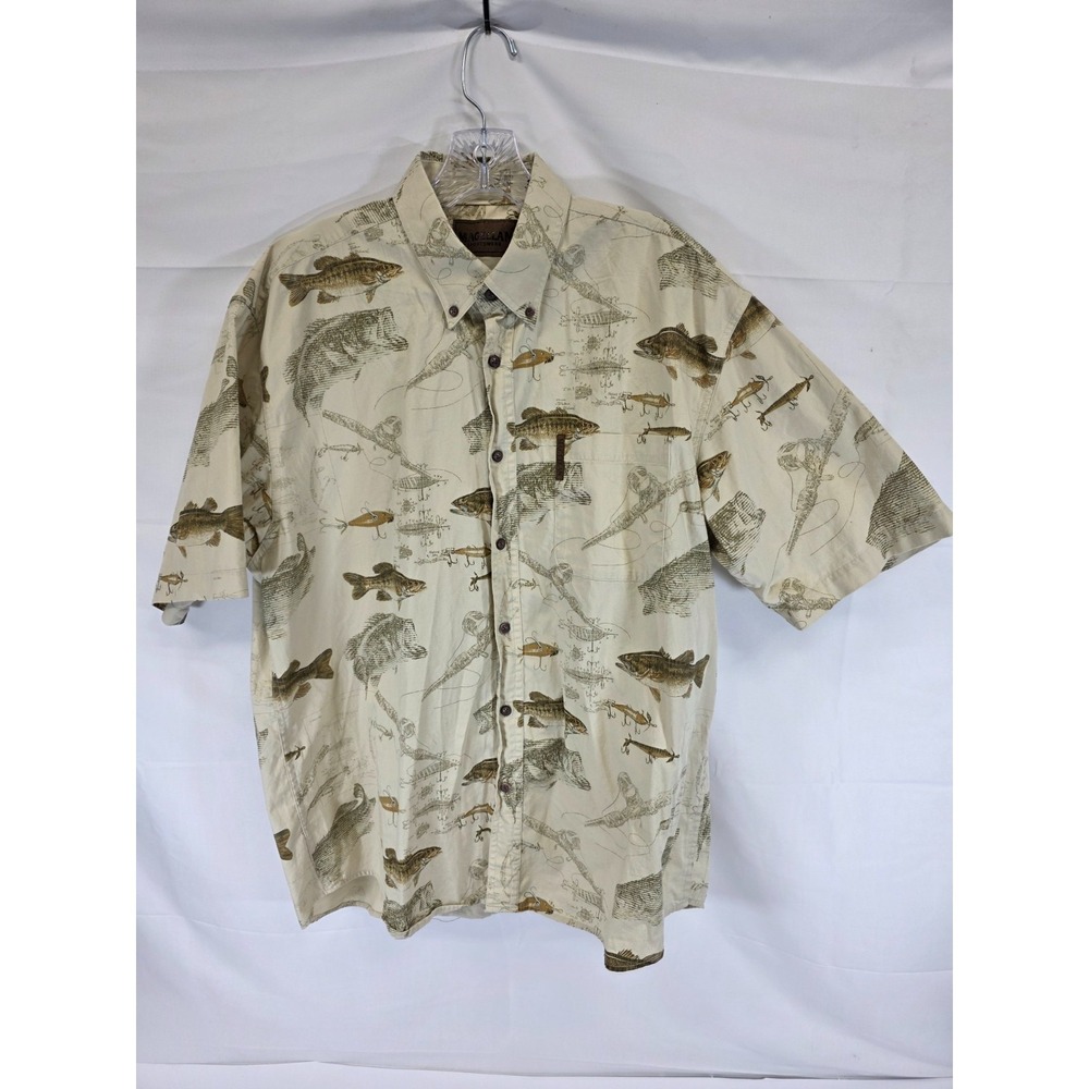 Magellan Sportswear Men Large Tan Fishing Print Cotton Short Sleeve Button Shirt